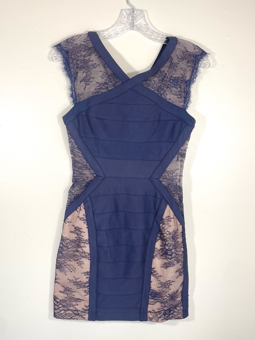BCBG Max Azria Navy Lace Bandage Bodycon Cocktail Dress - Picture 2 of 12